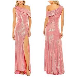 Mac Duggal NWT Off The Shoulder Ruched Waist Slit Metallic Gown Pink Size 8